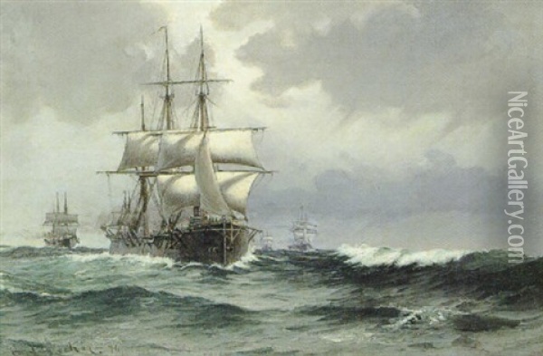 Orlogsskibe Pa Havet Oil Painting - Carl Ludvig Thilson Locher