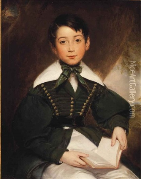 Portrait Of A Young Boy, Seated, Three-quarter-length, In A Green Jacket And Cravat Oil Painting - William Edward Frost