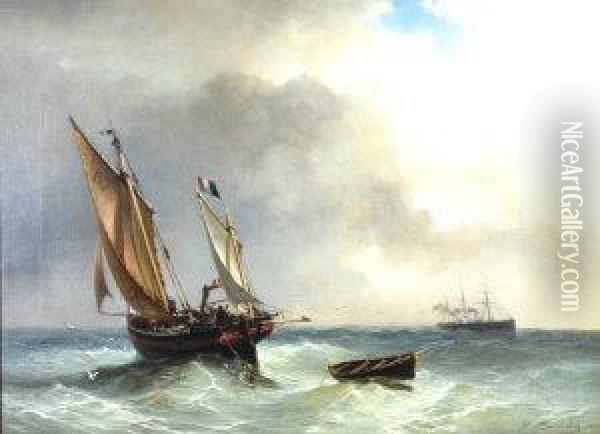 Sailing Vessel And A Steamer On Choppy Seas Oil Painting - Louis Bentabole