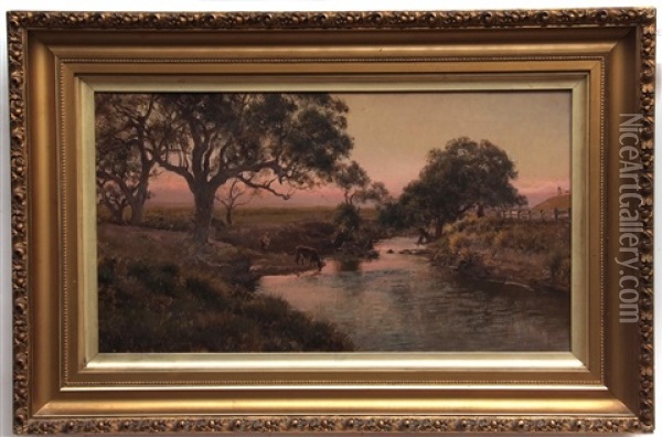 Australian River Landscape With Cattle Watering Oil Painting - Jan Hendrik Scheltema