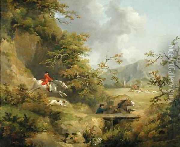 Foxhunting in Hilly Country Oil Painting - George Morland