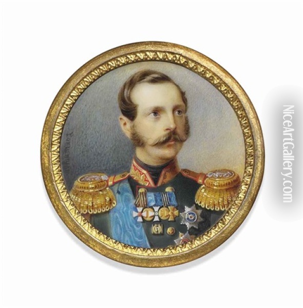 Alexander Ii (1818-1881), Tsar Of Russia, In Dark Green Uniform With Gold-embroidered Red Collar, Gold Epaulettes Oil Painting - Alois Gustav Rockstuhl