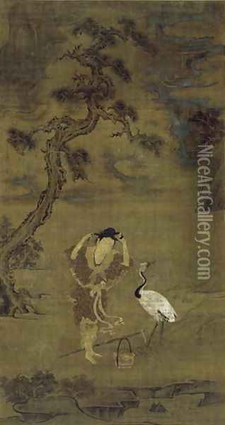The Daoist Immortal Magu with a Crane and Flower Basket, Yuan Dynasty (ink, colour and gold on silk) Oil Painting - Chen Yuexi