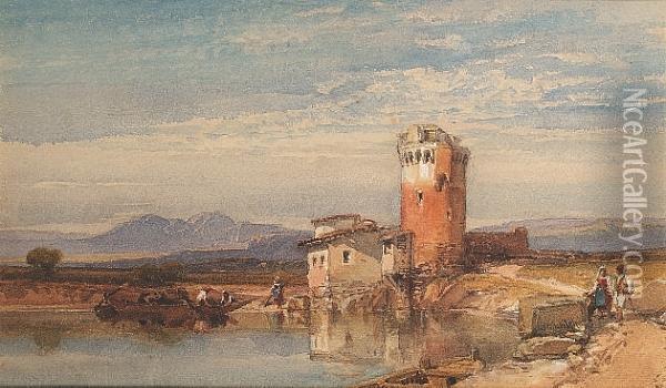 Figures By A Tower In The Roman Campagna Oil Painting - William Leighton Leitch