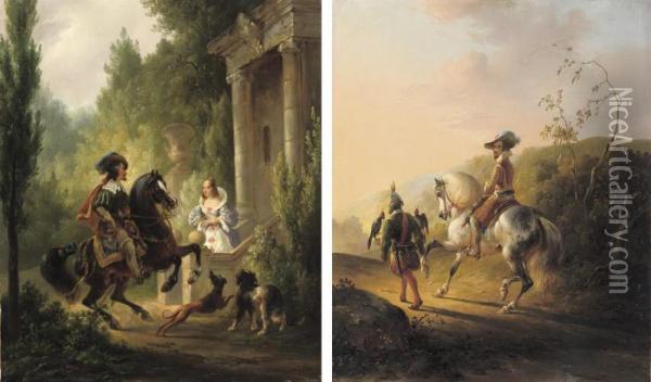 Charming A Lady; And The Falcon Hunt Oil Painting - Wouterus Verschuur