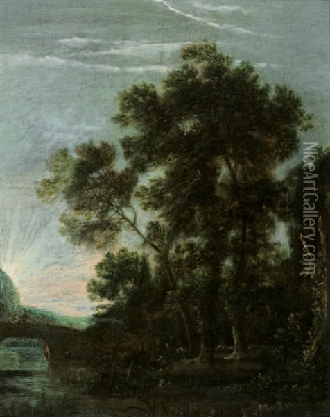 Fluslandschaft Mit Einem Schafer Und Seiner Herde Unter Hohen Baumen Bei Einer Brucke Oil Painting - Jacob Van Ruisdael
