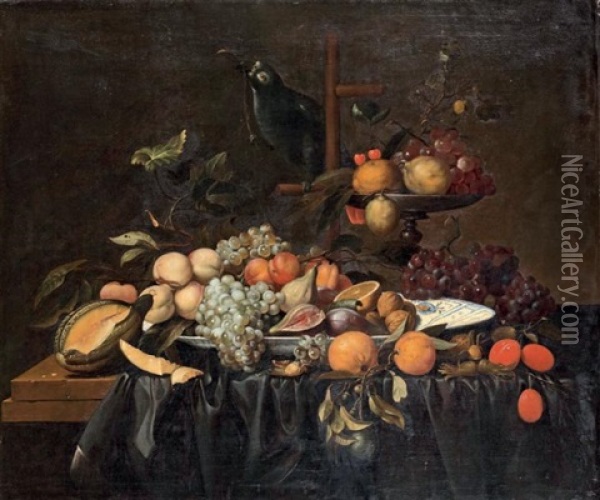 Nature Morte Aux Fruits Et Perroquet Sur Un Entablement Oil Painting - Andries Benedetti