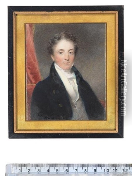 A Gentleman, Seated On A Red Upholstered Chair, Wearing Blue Coat, Cream Waistcoat And White Cravat, Red Curtain Background Oil Painting - Thomas Hargreaves