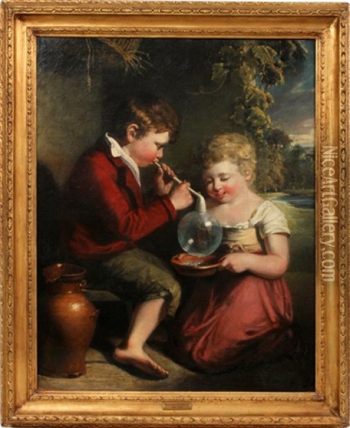 Children Blowing Bubbles Oil Painting - William Collins