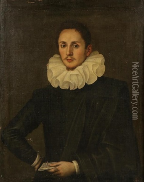A Portrait Of A Gentleman Standing Half-length Holding A Letter Oil Painting - Giovanni Battista Moroni