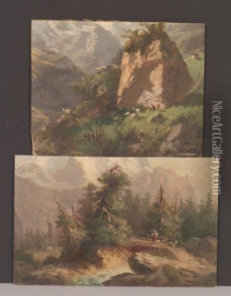 Alpine Views With Goat Herders. Oil Painting - Karl Fuchs