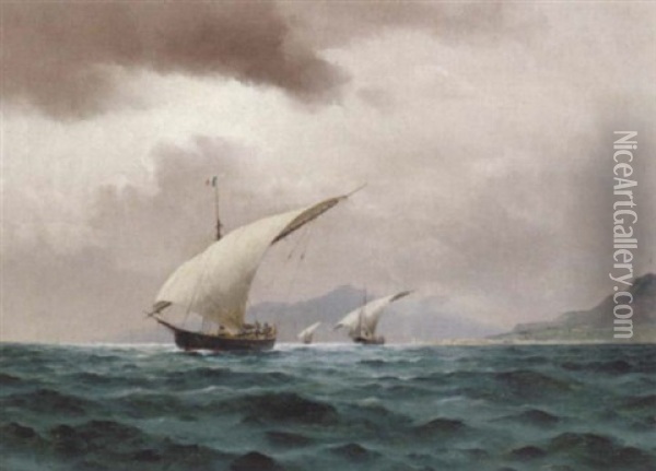 Skibe I Messinastraedet, I Baggrunden Etna Oil Painting - Holger Luebbers