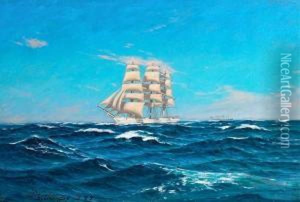 A White Yacht In Open Sea Oil Painting - Andreas Christian Riis Carstensen