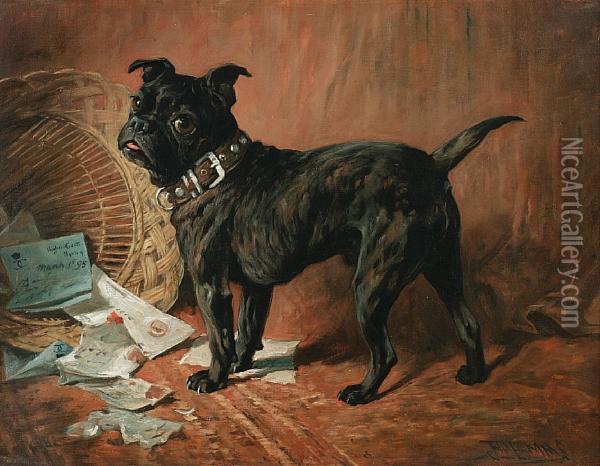 A Naughty Black Pug Oil Painting - John Emms