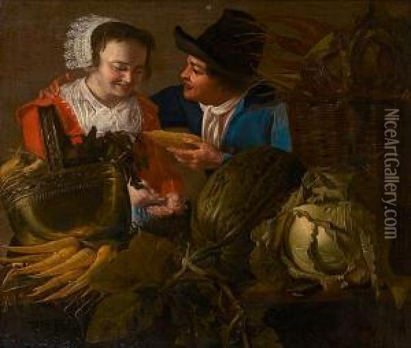 A Young Couple Standing Beside A Table Laden With Carrots, Cabbage And Other Vegetables Oil Painting - Petrus Staverenus