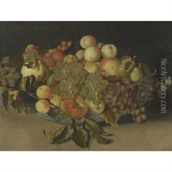 Sill Life With Blackberries, Apples, Peaches And Pears In A Chinese Blue And White Porcelain Bowl, Two Butterflies And A Fly Oil Painting - Johannes Bosschaert