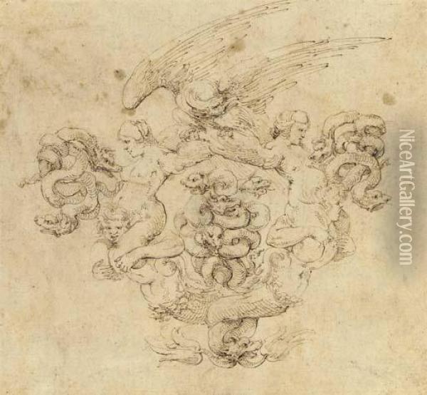 A Cartouche In The Form Of Two 
Mermen With Intertwined Tailssupporting Harpies Whose Wings Support An 
Eagle Oil Painting - Stefano della Bella