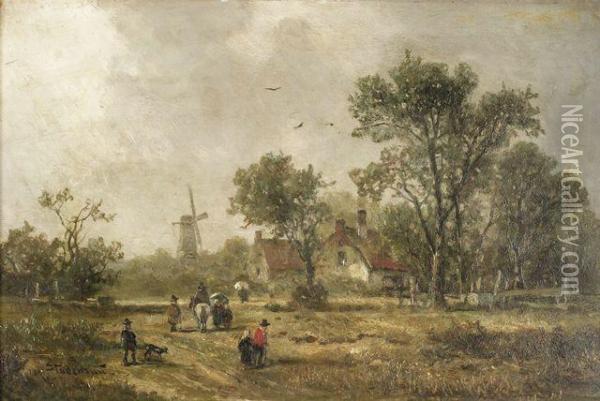 Reisende Und Bauern In Sommerlicher Landschaft An Einem Bauernhof Mit Windmuhle Oil Painting - Adolf Stademann