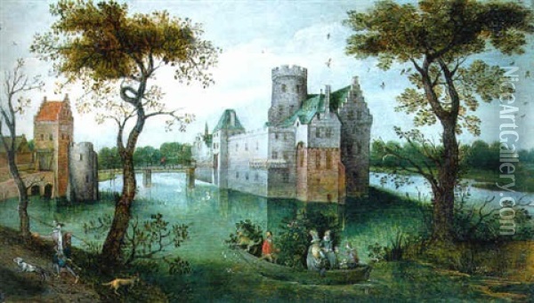 A Moated Castle With Elegant Figures In A Boat And A Huntsman And His Dogs On A Path In The Foreground Oil Painting - Abel Grimmer
