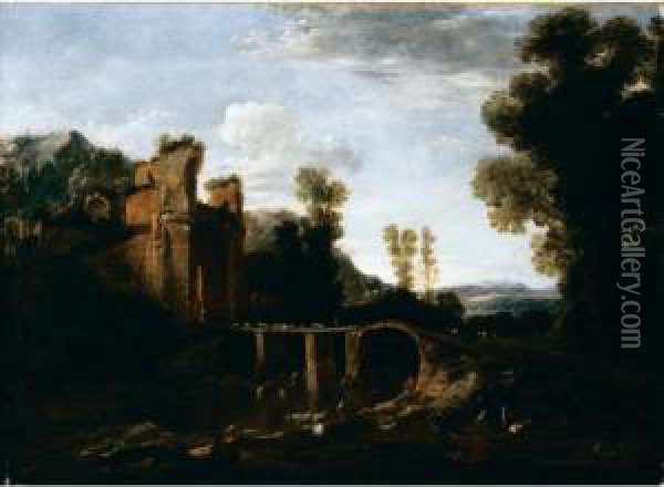 Paesaggio Fluviale Con Ponte, Figure Ed Armenti Oil Painting - Pieter De Hooch