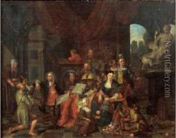 Portrait De Gentilhomme Entoure De Sa Famille Dans La Bibliotheque Du Palais Oil Painting - Hendrik Govaerts
