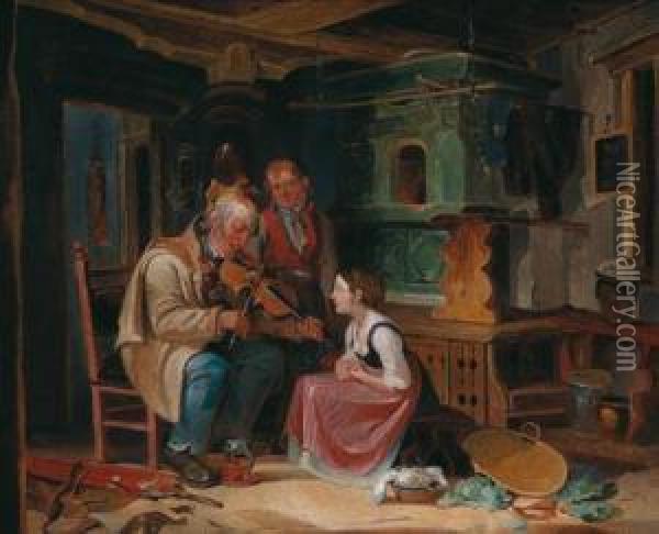 Visit Of The Wandering Musician Oil Painting - Gottfried Hermann Sagstatter