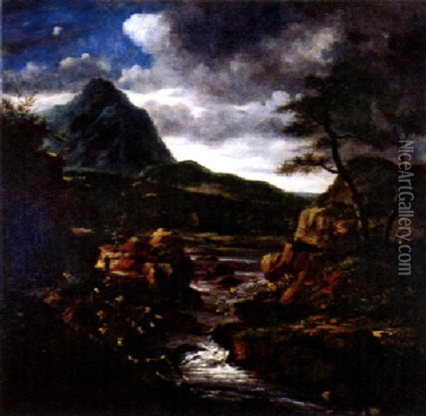 Gebirgige Flusslandschaft Mit Fussgangerin Am Uferweg Oil Painting - Jacob Van Ruisdael