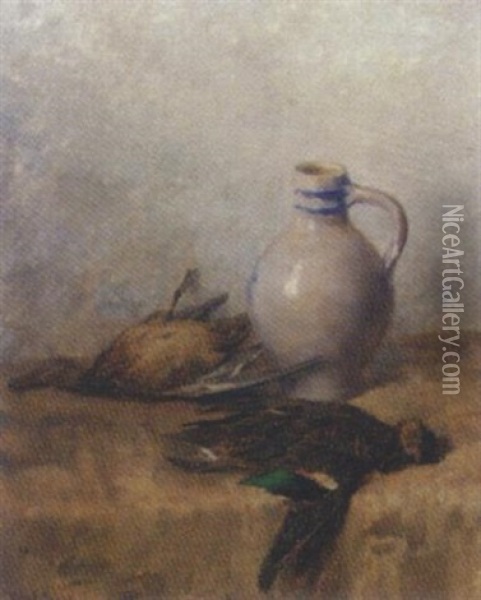 Hunting Trophies By An Earthenware Jug On A Draped Ledge Oil Painting - Willem Elisa Roelofs