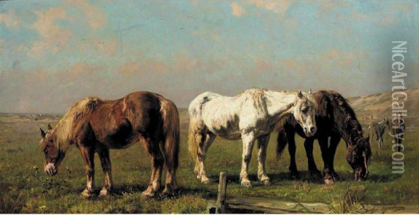 Ponies In A Landscape Oil Painting - Edmond De Pratere