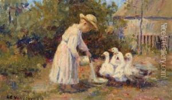 Girl With Geese Oil Painting - Luther Emerson Van Gorder