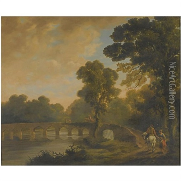 Travellers On A Bridge, In A River Landscape Oil Painting - George Barret