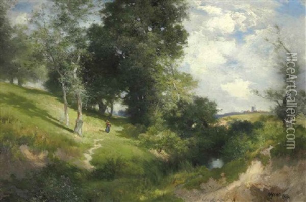 Sunny Hillside, East Hampton Oil Painting - Thomas Moran