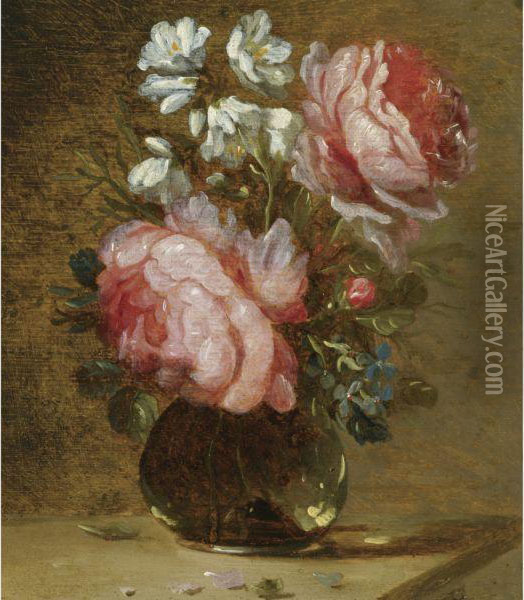Still Life Of Roses, Forget-me-nots And Other Flowers In A Glassvase On A Wooden Table Oil Painting - Jacques de Claeuw