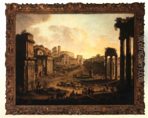 Rome, A View Of The Campo Vaccino, With The Colosseum Oil Painting - Antonio Joli