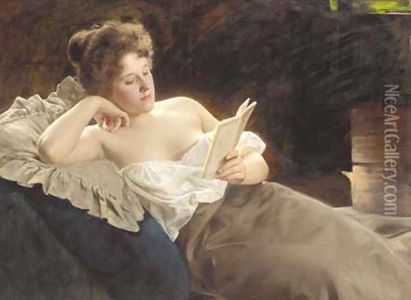 A reclining woman reading Oil Painting - Albert Ritzberger