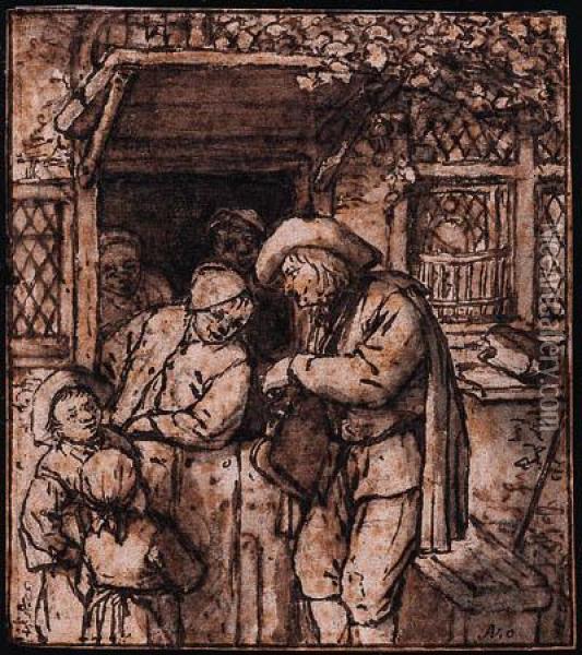 A Hurdy-gurdy Player At The Door Of A House, Men And Childrenlistening On Oil Painting - Adriaen Jansz. Van Ostade