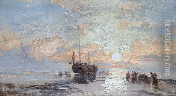 Fisherfolk On The Shore At Sunrise Oil Painting - James Webb