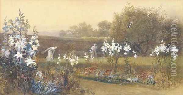 Roland and Mildred Robertson, the artist's children playing shuttlecock in the garden Oil Painting - Charles Robertson