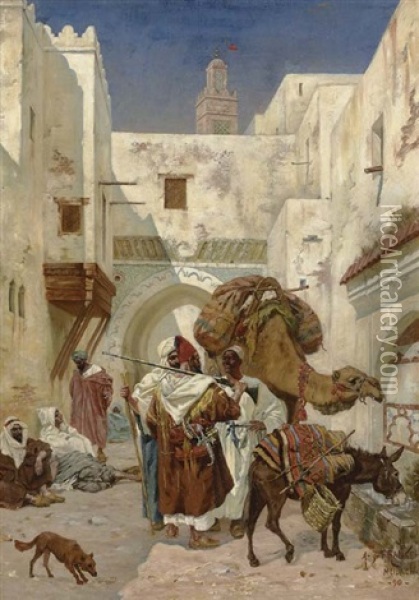 At The Watering Trough With The Minaret Of Tangiers Mosque In The Background Oil Painting - Albert Joseph Franke