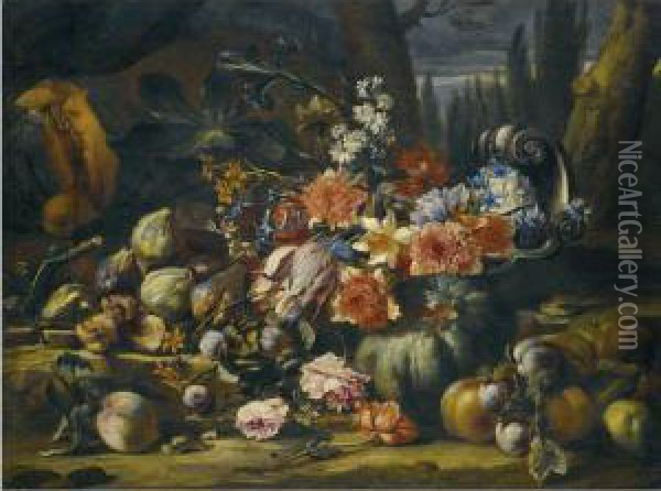 A Still Life With Flowers In A 
Silver Fruit Dish, Melons, Peaches,apples, Plums, Roses And Figs On A 
Rocky Bank Oil Painting - Abraham Brueghel