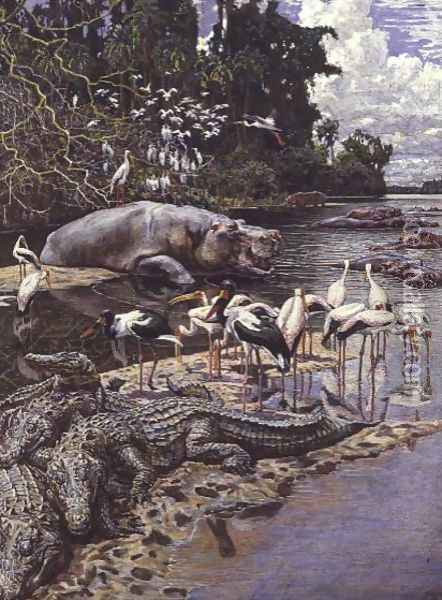 Swamp Animals and Birds on the River Gambia Oil Painting - Harry Hamilton Johnston