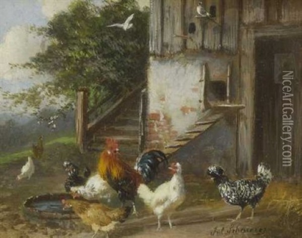 Huhnerhof Oil Painting - Julius Scheuerer
