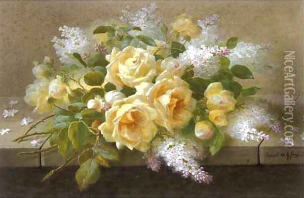 Still life of yellow roses and lilac Oil Painting - Raoul Maucherat de Longpre