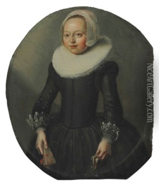 Portrait Of A Girl, Three-quarter-length, With A Book And A Fan Oil Painting - Thomas De Keyser