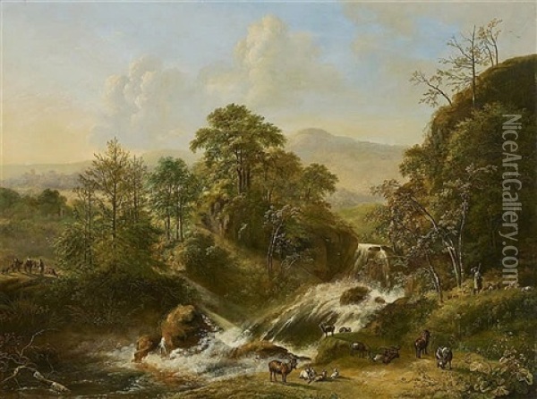 A Mountaineous Landscape With A Waterfall Oil Painting - Pieter Gerardus Van Os