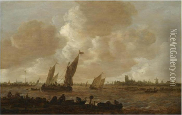 A Distant View Of Dordrecht, 
With Small Vessels Beating Against And Running Before The Wind, With 
Fishermen Unloading Fishtraps In The Foreground Oil Painting - Jan van Goyen