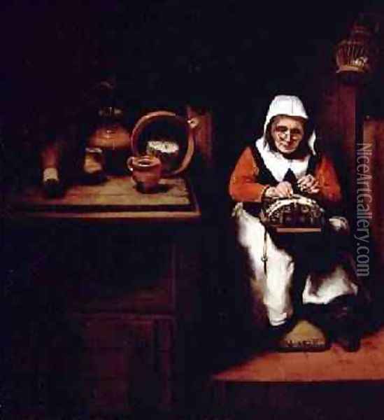 An old woman making lace in a kitchen Oil Painting - Nicolaes Maes