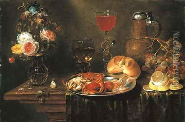 Roses and an iris in a glass vase, crabs and prawns on a pewter platter, a Facon-de-Venise wineglass, a stoneware ewer, a bunch of grapes Oil Painting - Alexander Adriaenssen