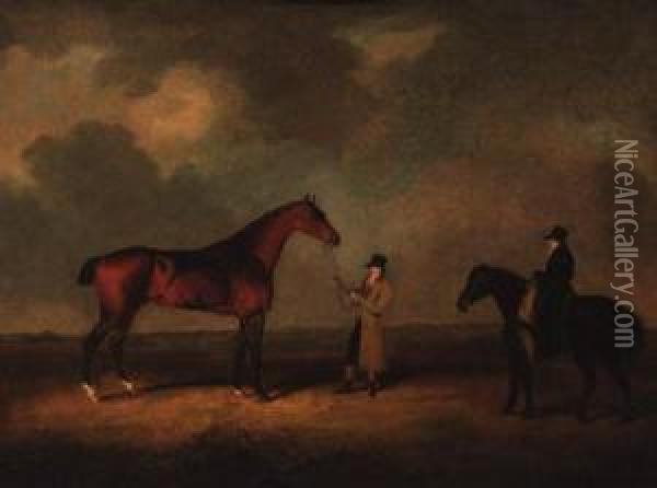 Sir David, Held By A Groom, With Another Figure On A Pony, In Anextensive Landscape Oil Painting - Henry Bernard Chalon