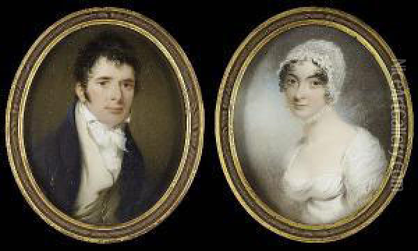 A Pair Of Portraits Of A Lady 
And Gentleman, Probably Of The Leigh Family: She, Wearing White Dress 
And Lace Bonnet Adorned With White Flower Tied Beneath Her Chin; He, 
Wearing Blue Coat, Cream Waistcoat, Tied White Stock And Frilled Cravat Oil Painting - Thomas Hargreaves